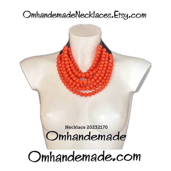 20232170 Orange Necklace Multi Strand Layered Necklace Embossed Resin Bib Necklace with Leather Collar Statement Necklace