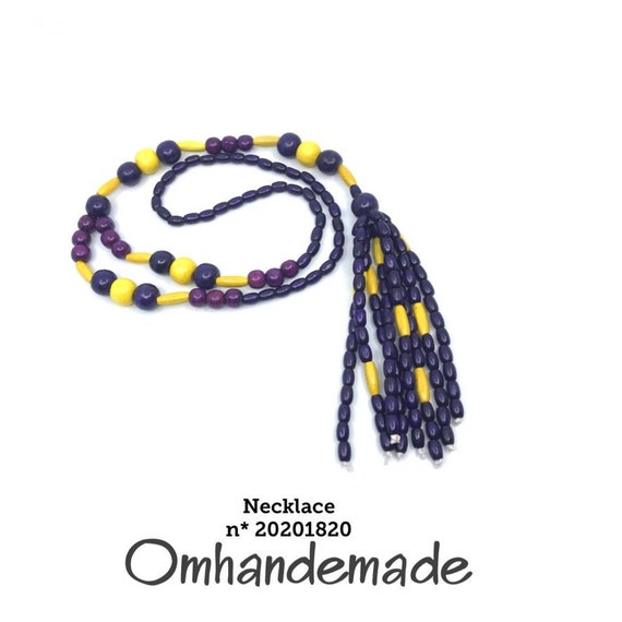 20201820 purple and yellow tassel necklace, wood necklace, tassel necklace, purple and yellow wood necklace, necklace for her or him by Omhandemade