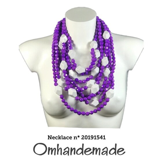 20191541 purple white necklace multistrand layered beaded necklace woman, statement necklace, maxi necklace, Omhandemade bijoux