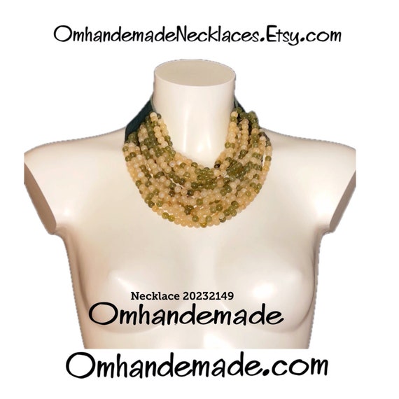 20232149 beige and olive green choker necklace multi-strand necklace layered necklace beaded necklace statement necklace maxi necklace