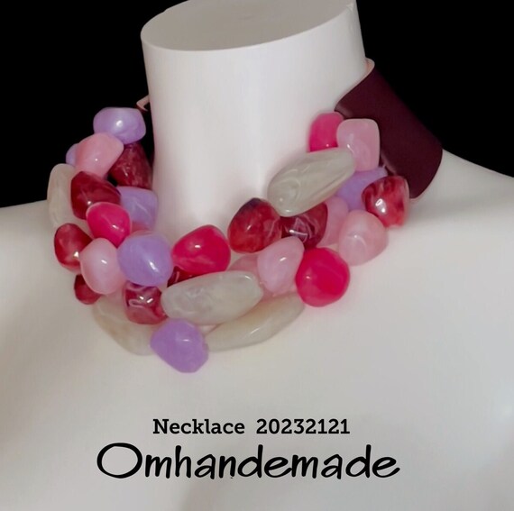20232121 colored necklace, pink fuchsia lilac red cream necklace, bib necklace chunky choker necklace multi-strand layered necklace