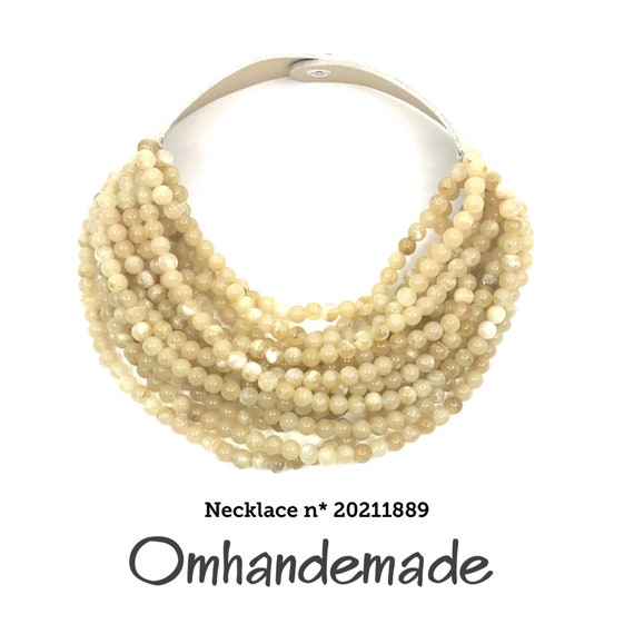20211889 Beige necklace choker necklace multistrand beaded necklace chunky necklace layered necklace, bib necklace, resin and leather necklace