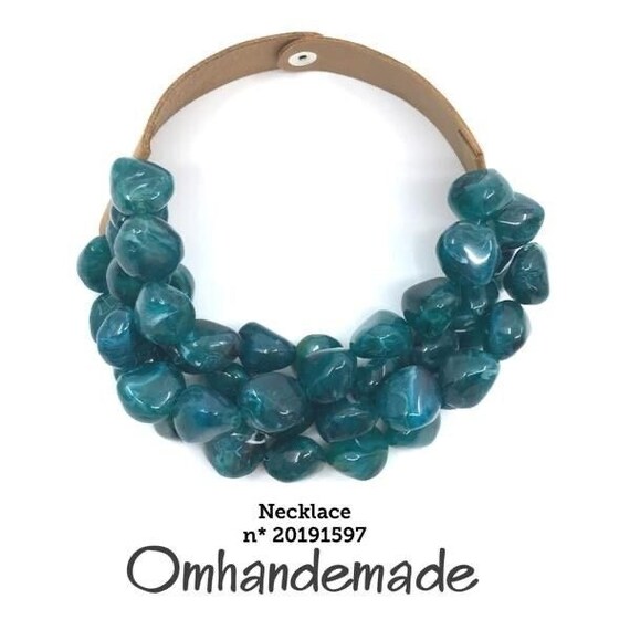 20191597 Teal choker necklace Bib necklace Multi-strand choker necklace Layered embossed leather collar Maxi resin bead necklace