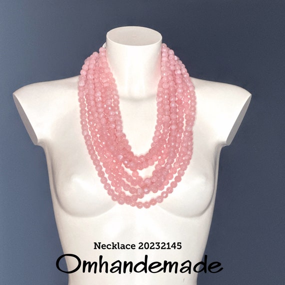 20232145 pink necklace layered multi-strand necklace relief women's necklace, statement necklace, maxi necklace, Omhandemade bijoux