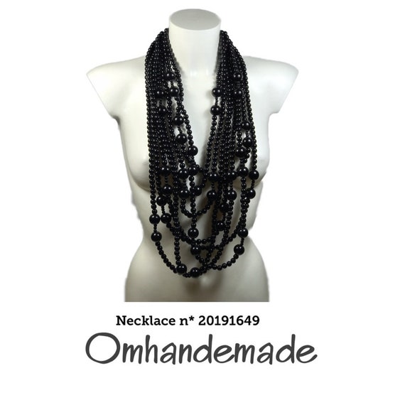 20191649 Black necklace, long black necklace, multistrand bib necklace layered beaded resin necklace statement necklace gift idea