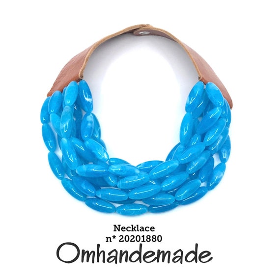 20201880 turquoise resin and leather necklace, multi-strand necklace, beaded layered bib necklace with leather collar and clasp