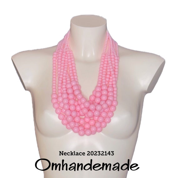20232143 Pink Necklace Bib Necklace Pink Multistrand Necklace, Beaded Layered Necklace Pink Beaded Necklace Pink Statement Necklace