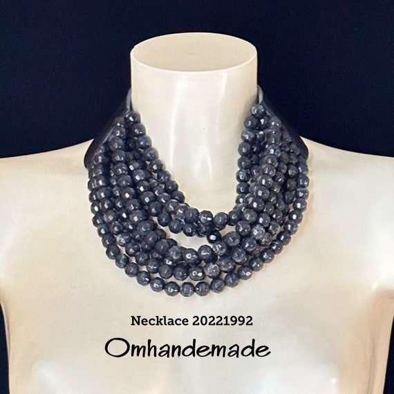20221992 Black necklace, multi-strand necklace bib necklace layered necklace beaded necklace Fairchild Baldwin style leather collar necklace