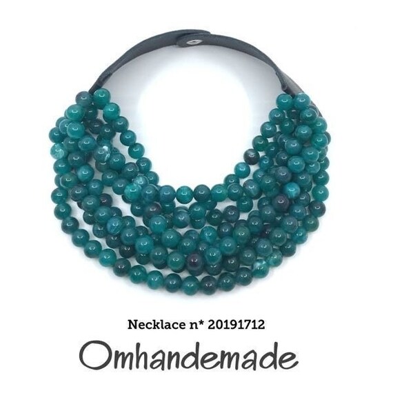 20191712 Necklace teal bib necklace multistrand choker layers embossed leather clasp maxi necklace chunky necklace gift idea for her