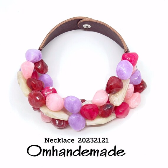 20232121 colorful necklace, cream red lilac fuchsia pink necklace, bib necklace chunky choker necklace layered multistrand necklace