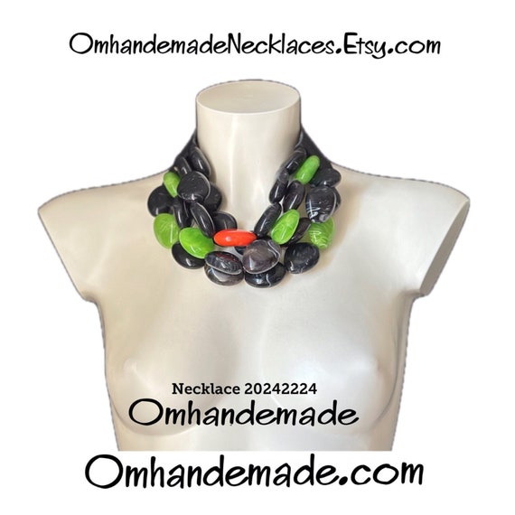 20242224 Black lime green and coral necklace, bib necklace, layered multi-strand relief necklace, maxi resin and leather choker necklace