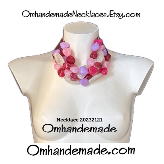 20232121 colored necklace, pink fuchsia lilac red cream necklace, bib necklace chunky choker necklace multi-strand layered necklace