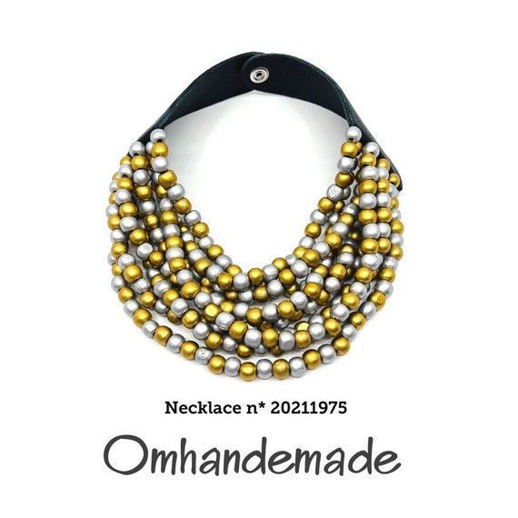 20211975 golden and silver necklace, wood necklace, bib necklace, layered multistrand necklace with leather collar relief by Omhandemade