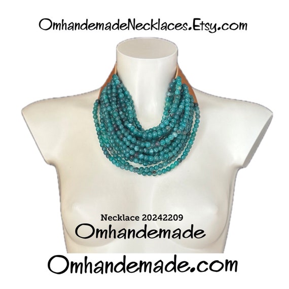 20242209 teal necklace, gag necklace, multi-strand layered relief necklace, choker necklace, maxi necklace