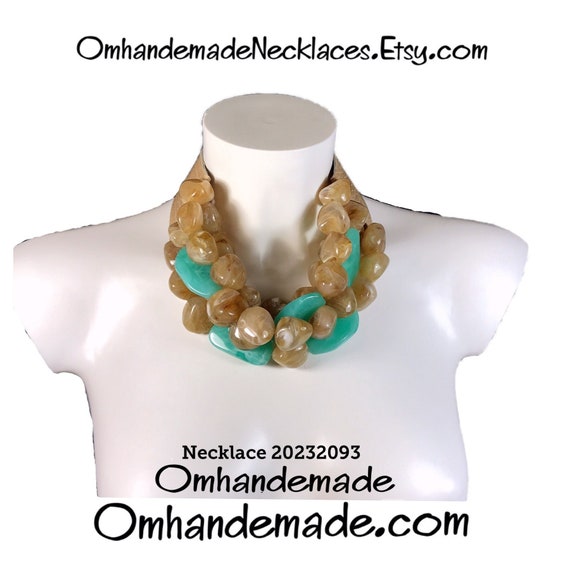 20232093 Beige and aqua green necklace, stones necklace, bib necklace multilayer relief choker, maxi necklace with leather collar