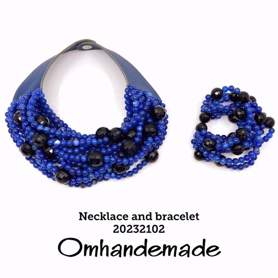 20232102 blue and black necklace bib necklace bracelet necklace multi strand necklace layers beaded statement necklace for her