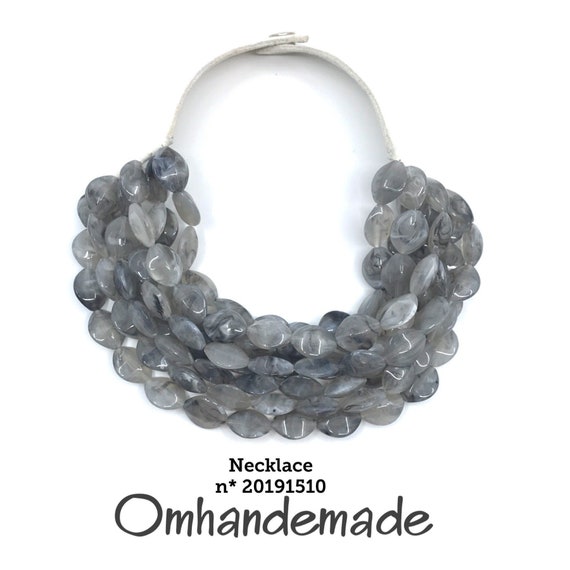 20191510 Gray necklace bib necklace maxi necklace multistrand necklace embossed layered necklace with leather braces gift idea for her