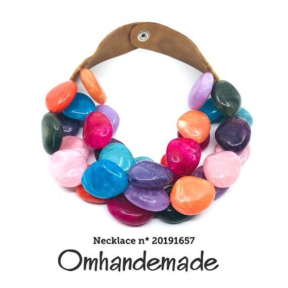20191657 colorful necklace, bib necklace, multicolor necklace, chunky necklace, relief layered multistrand necklace, pebble necklace
