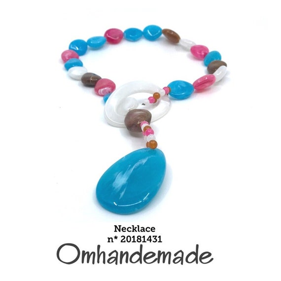 20181431 turquoise and fuchsia white topaz necklace, thin strand necklace with large and large gemstone pendant T necklace by Omhandemade