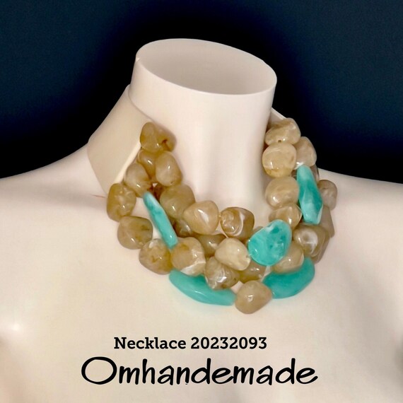 20232093 Beige and teal necklace, stones necklace, multilayer embossed choker bib necklace maxi necklace with leather collar