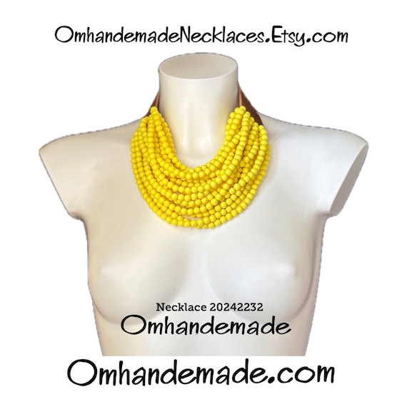 20242232 yellow necklace bib necklace layered multi-strand necklace maxi resin choker necklace with collar and leather closure