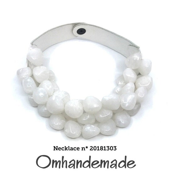 20181303 White necklace bib necklace white pebbles choker necklace multistrand layers relief with leather braces, statement necklace
