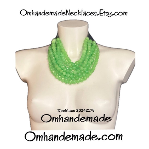 20242178 Lime Green Resin and Leather Collar Necklace Multistrand Layered Necklace Relief Bib Necklace Statement Necklace