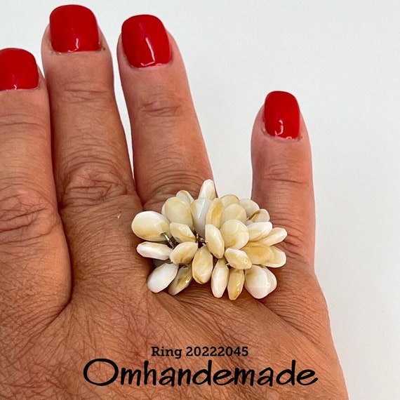 20222045 cream ring, pendant charm rings, maxi ring, pendant ring, adjustable ring, multiple stones ring, thick ring