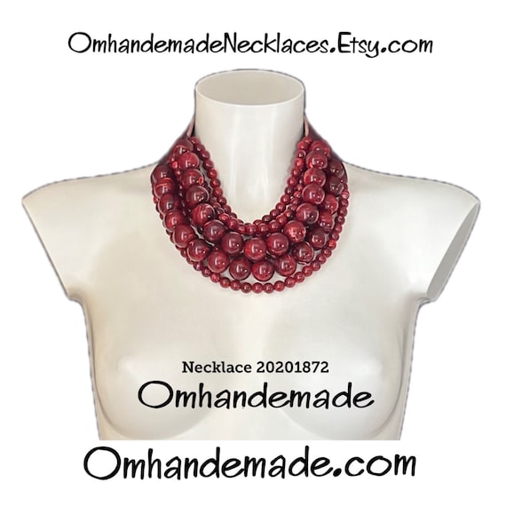 20201872 Burgundy necklace, choker bib necklace, chunky necklace, Burgundy necklace, multi-strand layered necklace, relief necklace