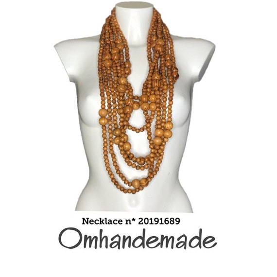 20191689 Long necklace natural wood bib necklace multistrand necklace beaded layered necklace boho chic necklace maxi necklace