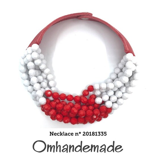 20181335 white and red necklace, embossed layered multi-strand choker bib necklace, women's necklace with leather collar, by Omhandemade