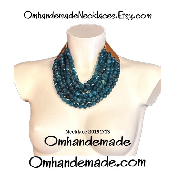 20191713 teal necklace multi-strand choker necklace layers relief bib necklace with multi-strand collar leather closure by Omhandemade