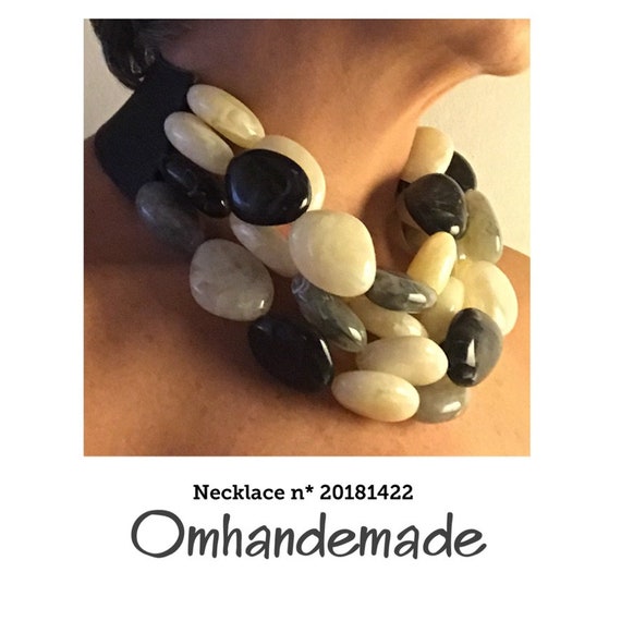 20181422 cream gray black necklace, choker necklace with large and large stones, minimalist necklace, avant-garde necklace by Omhandemade