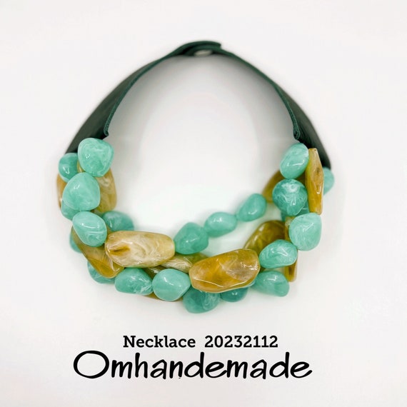 20232112 Teal and beige necklace, stones necklace, multilayer embossed choker bib necklace maxi necklace with leather collar