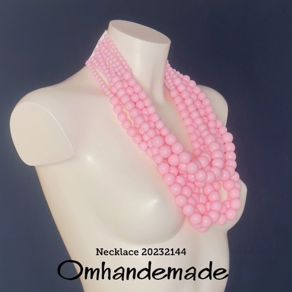 20232144 Pink necklace maxi bib necklace multi-strand layered necklace pink beaded necklace, pink necklace maxi statement necklace