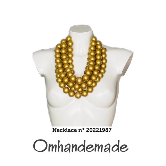 20221987 Golden necklace bib necklace large wooden beads multistrand necklace layered necklace relief necklace, large necklace wooden necklace