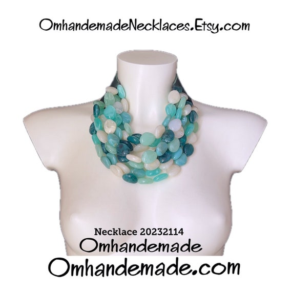 20232114 Green necklace, colorful teal necklace, mint green, teal, bib necklace, chunky multi-strand layered choker necklace