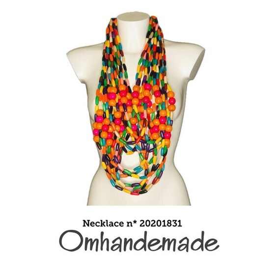 20201831 Colorful long wood necklace, layered relief multistrand bib necklace, multicolor necklace, boho necklaces wood necklace,