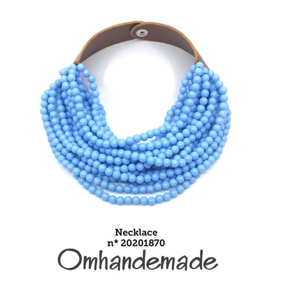 20201870 periwinkle blue necklace bib necklace multistrand necklace layers maxi resin choker necklace with leather collar and clasp