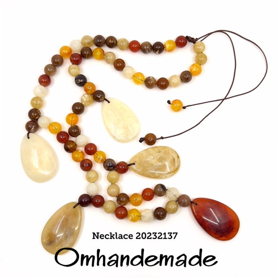 20232137 beige and brown necklace, tassel necklace, chunky tassel necklace, chunky resin gemstone necklace statement necklace OMHANDEMADE