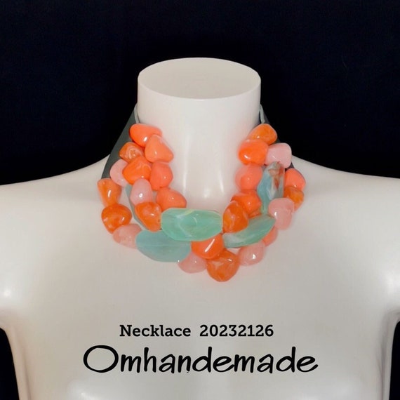 20232126 Salmon green orange necklace multi-strand necklace relief layered necklace bib necklace leather necklace maxi necklace