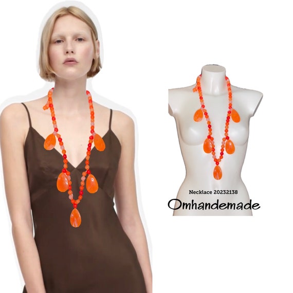 20232138 orange necklace tassel necklace big gems necklace long necklace resin necklace no clasp necklace statement necklace