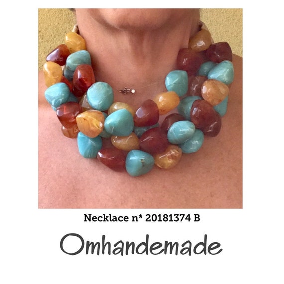 20181374/B Brown and Yellow Turquoise Necklace, Bib Necklace, Fairchild Baldwin Style Necklace Beaded Maxi Layered Multistrand Necklace