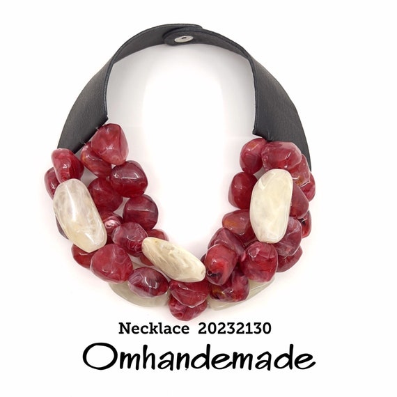 20232130 red and beige maxi necklace, bib necklace chunky statement necklace, multistrand layered beaded collar necklace