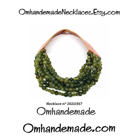 20211917 olive green necklace, choker bib necklace, multi-strand layered relief necklace with leather closure collar by Omhandemade