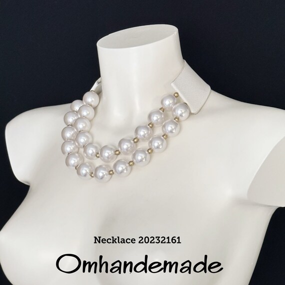 20232161 Large White and Gold Pearl Necklace Leather Collar Choker Necklace Large Pearl Necklace Statement Necklace