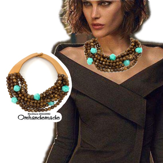 20222082 bib necklace, brown and teal necklace, multistrand layered necklace beaded leather collar, statement necklace