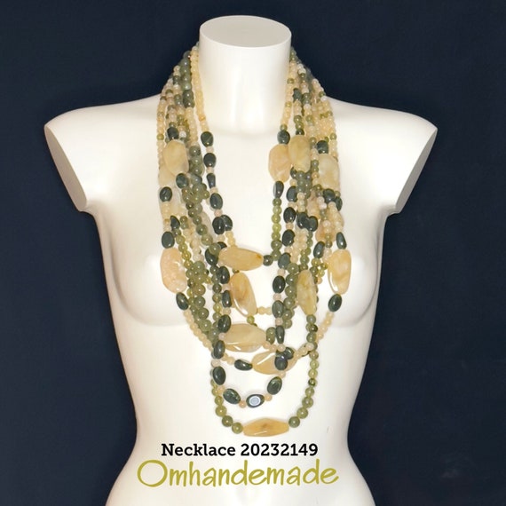 20232150 beige and military green necklace, olive green dark green multi-strand layered long necklace, 8 strand necklace, statement necklace