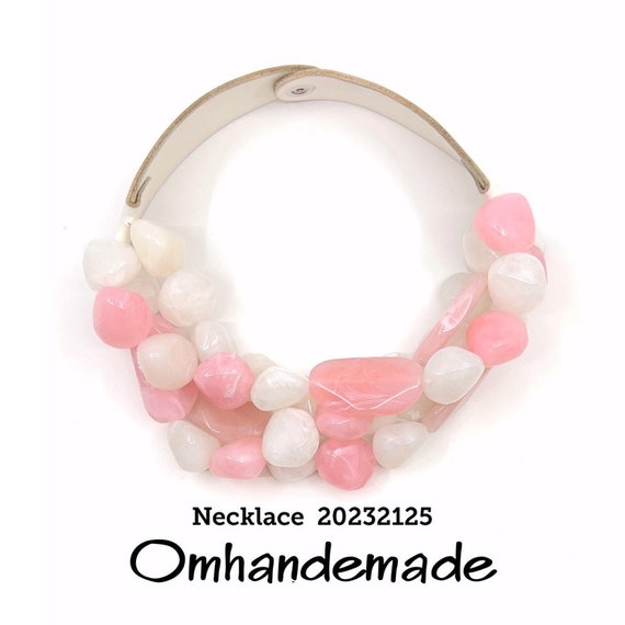 20232125 pink and white necklace, multi-strand colorful relief layered necklace, maxi necklace bib necklace gift idea statement necklace