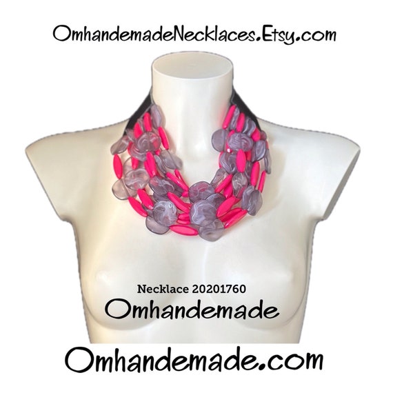 20201760 fuchsia and gray necklace, layered relief multi-strand choker bib necklace, large necklace, dark pink gray large beads